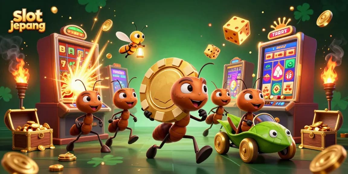 Experience the thrill of slot jepang with a dynamic heist scene featuring ants, firefly lookout, and a golden poker chip.