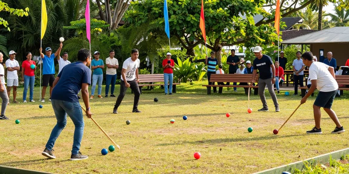 Cheerful petanque players at an outdoor match promoting fopikotabontang.org and community engagement.