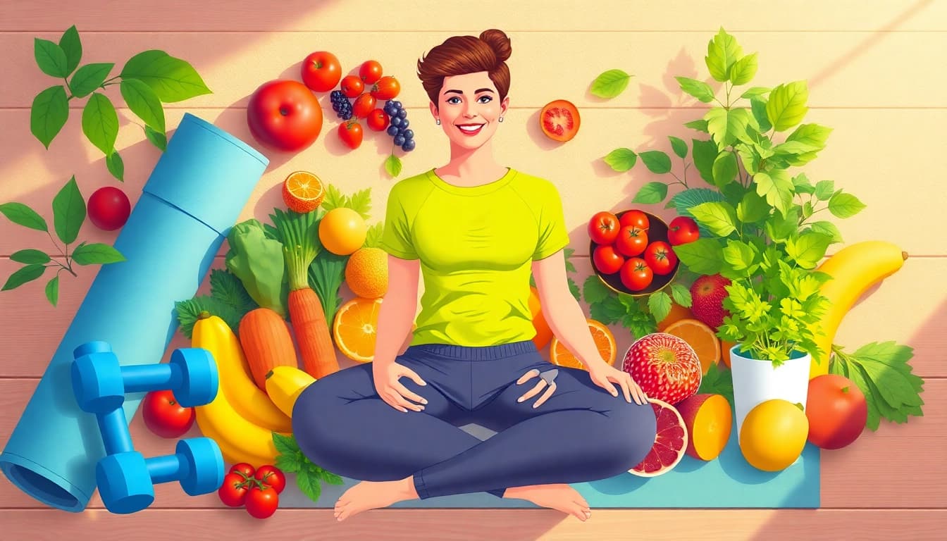 Engaging scene depicting weight loss success with diverse healthy foods and fitness equipment.