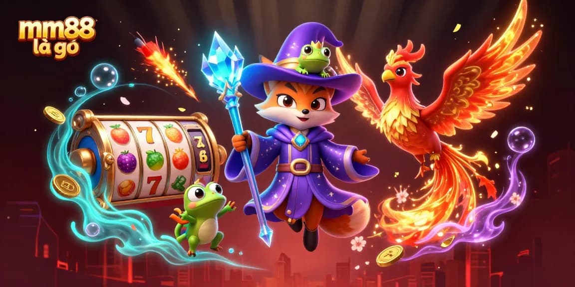 Engage with mm88 là gì in an enchanting magical casino scene filled with exciting slot games and vibrant characters.