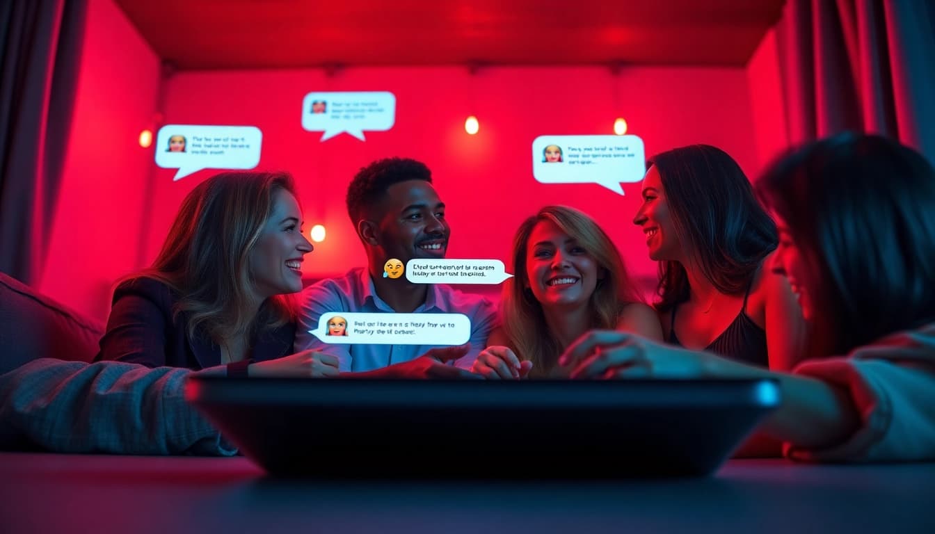 Engaging sexchat scene with diverse characters in a warm, inviting digital chat room.