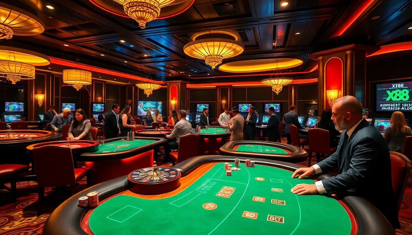 Experience the excitement of x88 gaming with players engaged in high-stakes poker at a luxury casino.