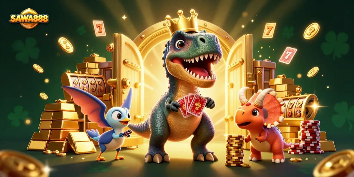 SAWA888 showcases a vibrant scene of a T-Rex shuffling cards, highlighting dynamic slot elements and golden treasures.