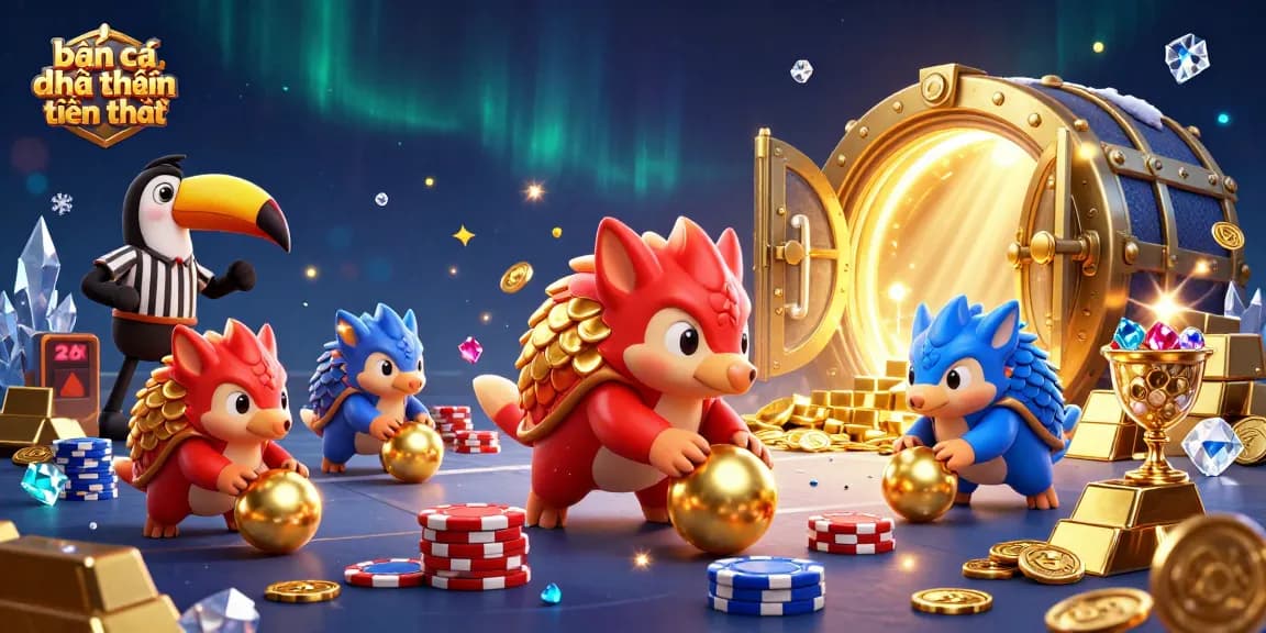 Engaging bắn cá đổi thưởng tiền thật scene with colorful pangolins bowing through casino elements for top gaming experience