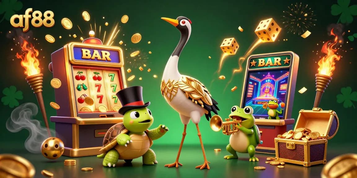 Experience excitement with af88's vibrant slot machine and lively characters in this dynamic casino illustration.