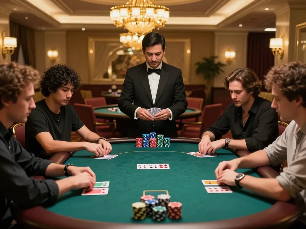 Players strategizing at a poker table in jun88 casino, showcasing tension and excitement during gameplay.