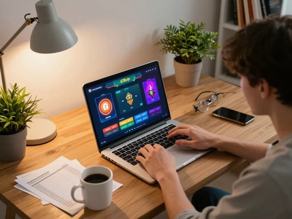 Engaged user exploring 678vip’s online casino interface in a cozy home office.