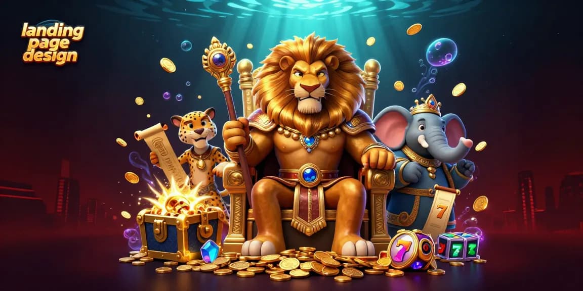 Design engaging landing page design with our cartoon lion king amid rich casino elements.