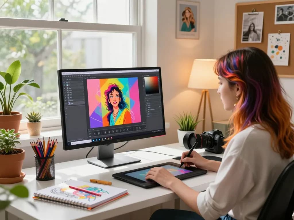 Digital artist utilizing nano banana pro in a vibrant creative workspace, showcasing advanced AI image editing.