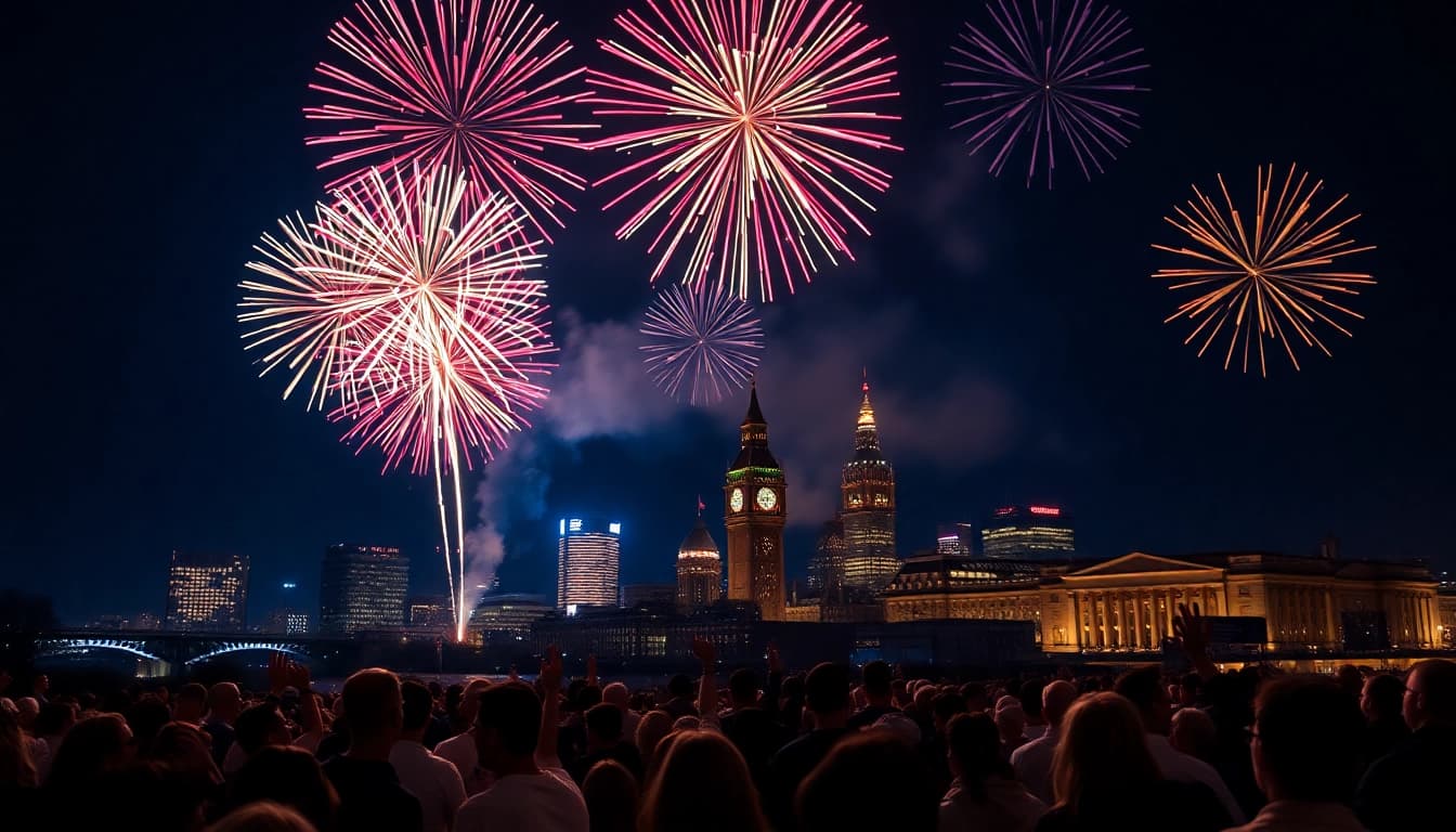 Witness stunning manchester fireworks illuminating the night sky, bustling crowd captivated by the display.