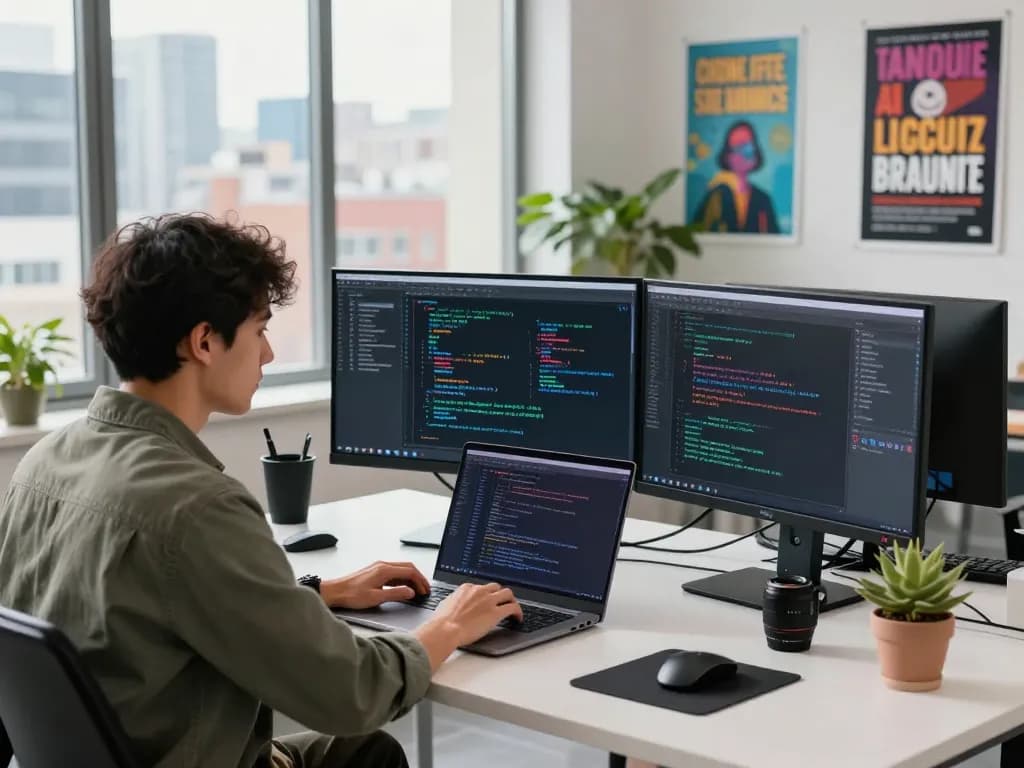 Focused software developer engaging with open claw AI project in a modern workspace filled with coding tools.