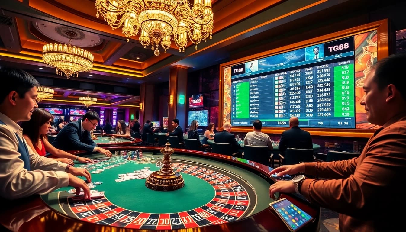 Gamblers engaging in an exciting casino experience at a roulette table featuring tg88 elements.