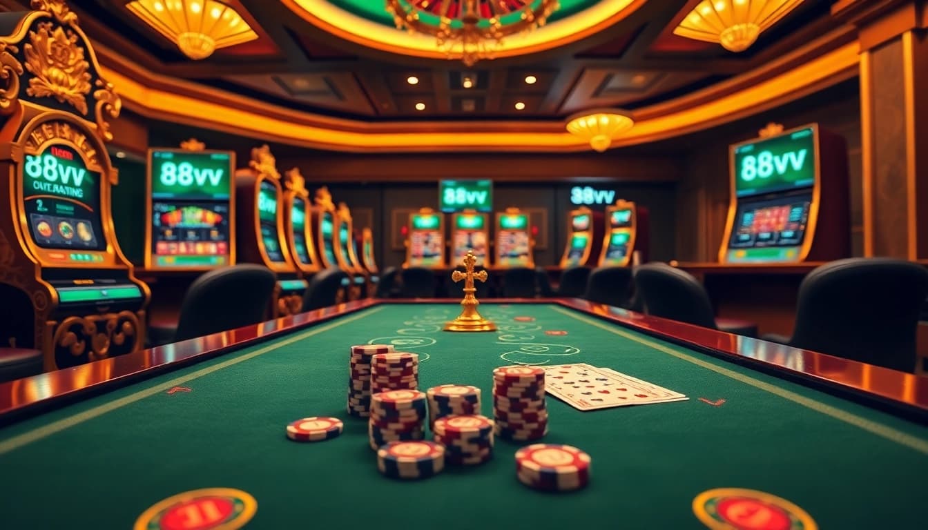 Experience the excitement of 88vv with engaging poker chips and a stylish casino gaming table.