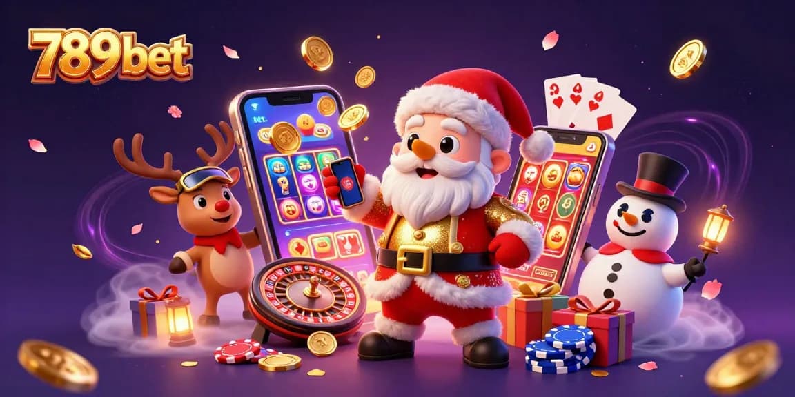 Engage with 789 bet's festive casino scene featuring Santa and friends winning big on slots.