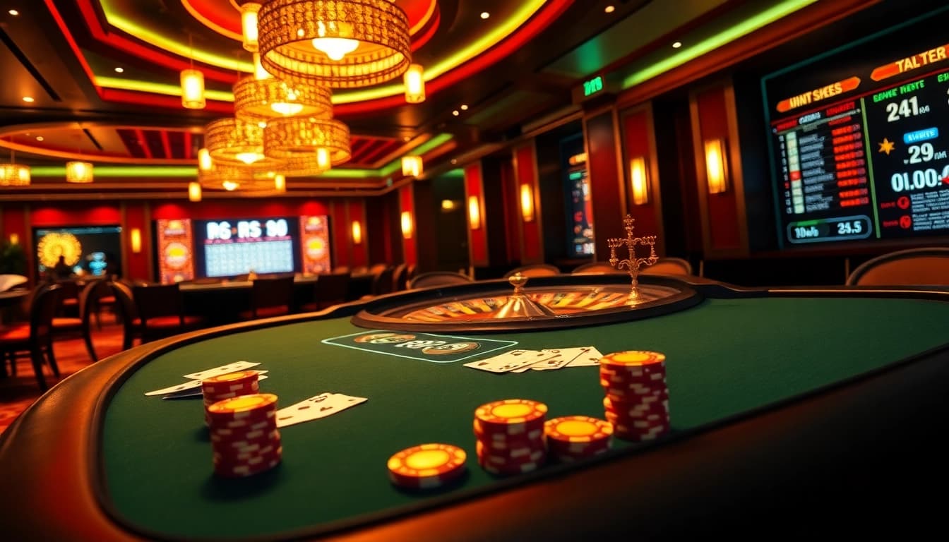 Experience the excitement of RR88 casino, featuring vibrant poker tables and a dazzling roulette wheel.