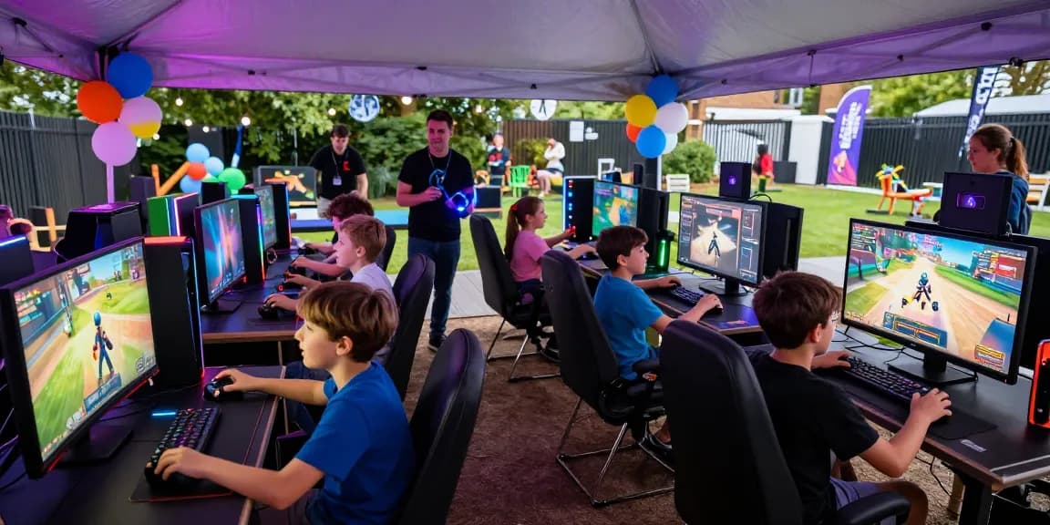 High-energy gaming party London with kids competing in tournaments and a festive outdoor setup.