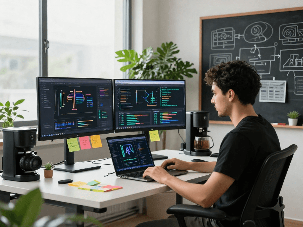 Creative workspace showcasing juicy ai development, featuring dual monitors and innovative tech elements.