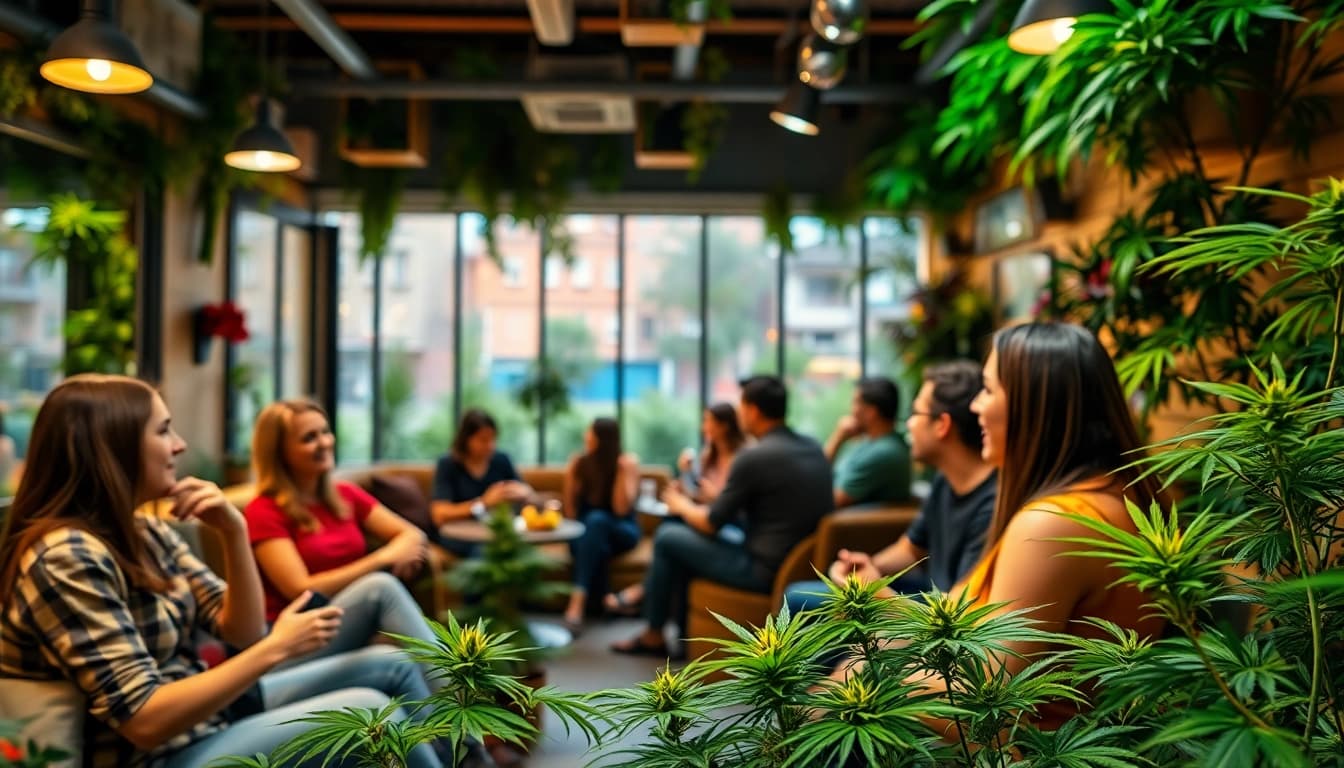Les membres interagissent dans le Club Cannabis Madrid, créant une ambiance conviviale.