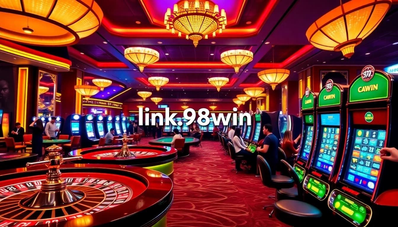 Engaging scene of gamblers enjoying games at the online casino link 98win with vibrant visuals and action.