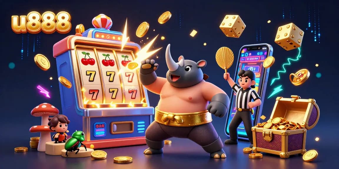 Experience thrilling slots at u888 with a 3D beetle champion stomping coins in a vibrant casino scene.