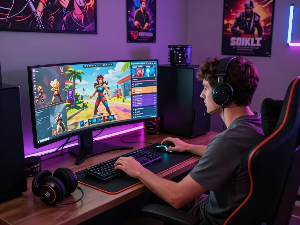 Online gamer enjoying immersive porn games online in a vibrant gaming setup.