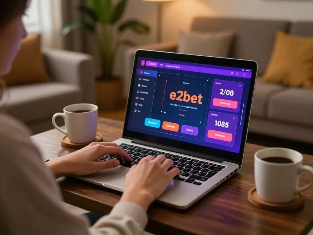 Player enjoying e2bet online gambling experience on a laptop in a cozy living room.