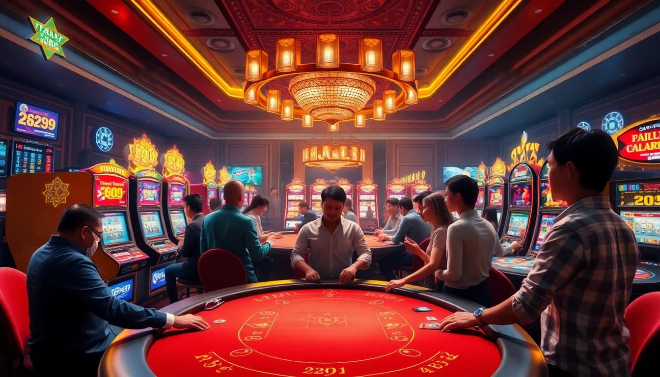 Engage in thrilling gambling at PS99 casino featuring vibrant slot machines and poker tables.
