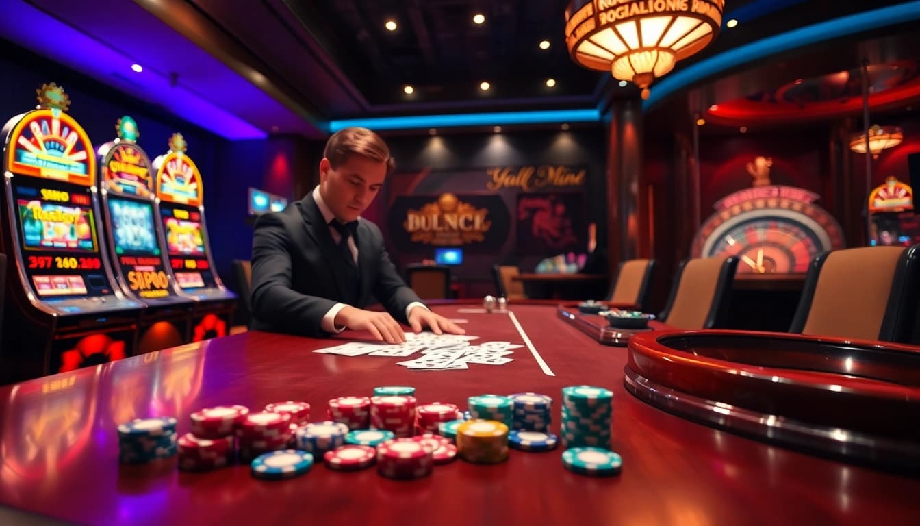Experience the thrill of betting at https://vua88h.com/ with a vibrant casino scene featuring poker and slots.