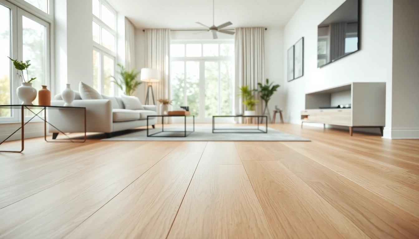 Shop for vinyl flooring near me in a modern living room with blonde oak planks and cozy decor.
