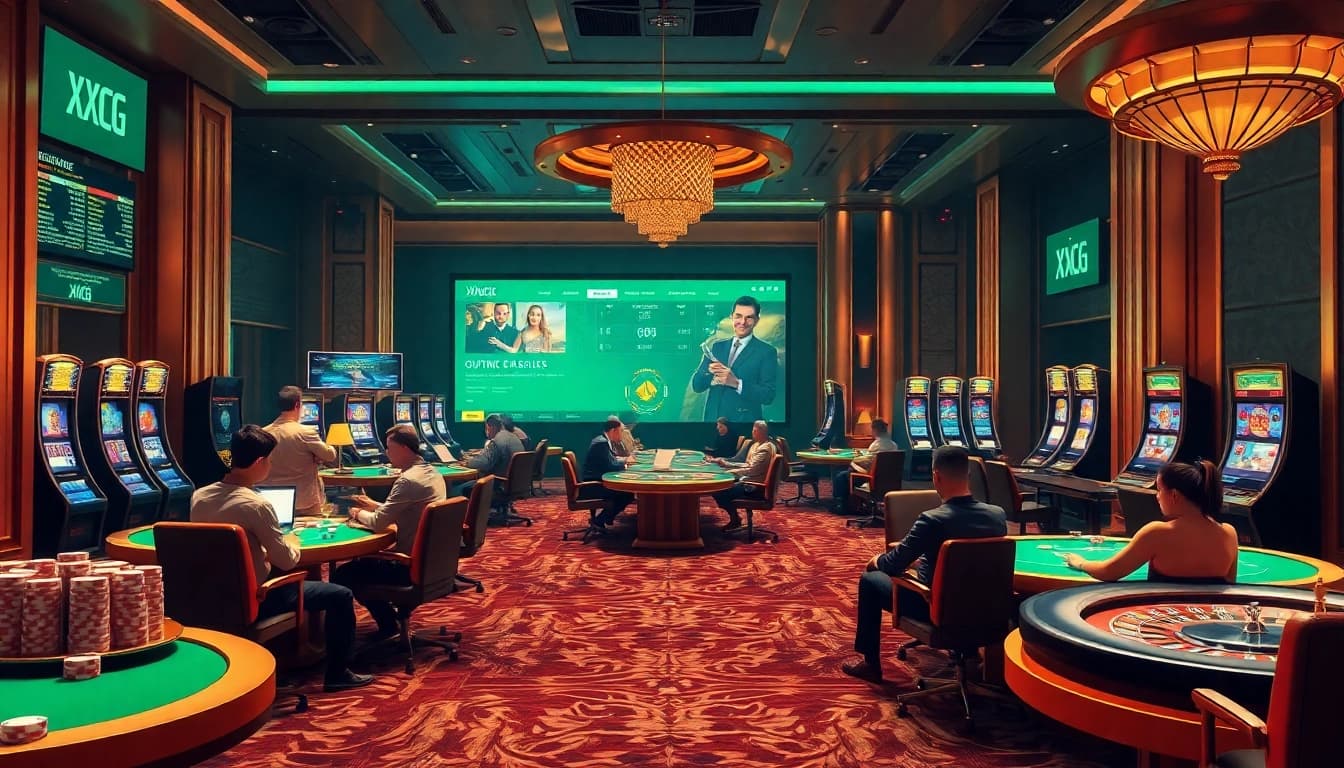 Página inicial XXGG offers a luxurious online gambling experience with vibrant tables and excited players.