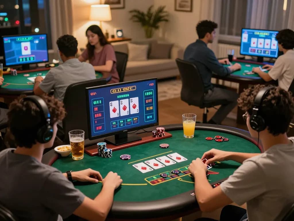 Players strategizing in an online Go8 blackjack game from home with focused expressions.