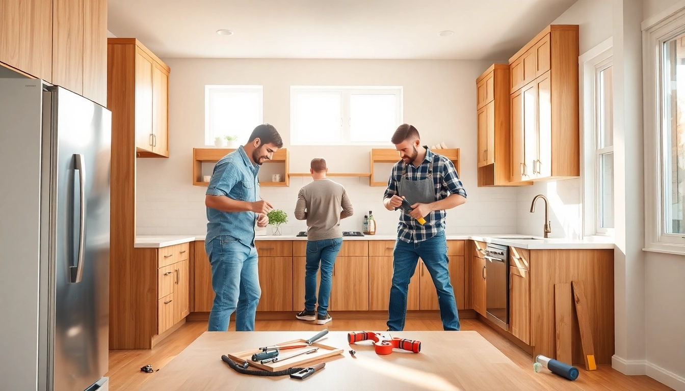 Skilled renovators near me working together on a kitchen remodel, showcasing teamwork and home improvement.