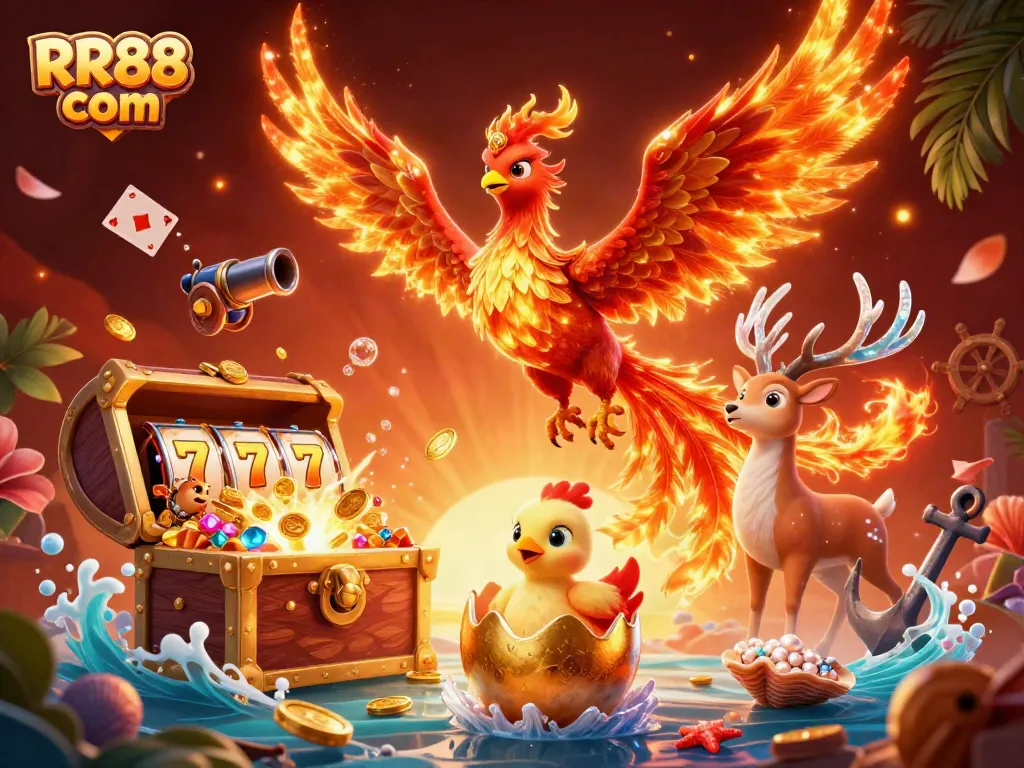 Experience thrilling wins at RR88 com with vibrant 3D fantasy casino scene full of game elements.