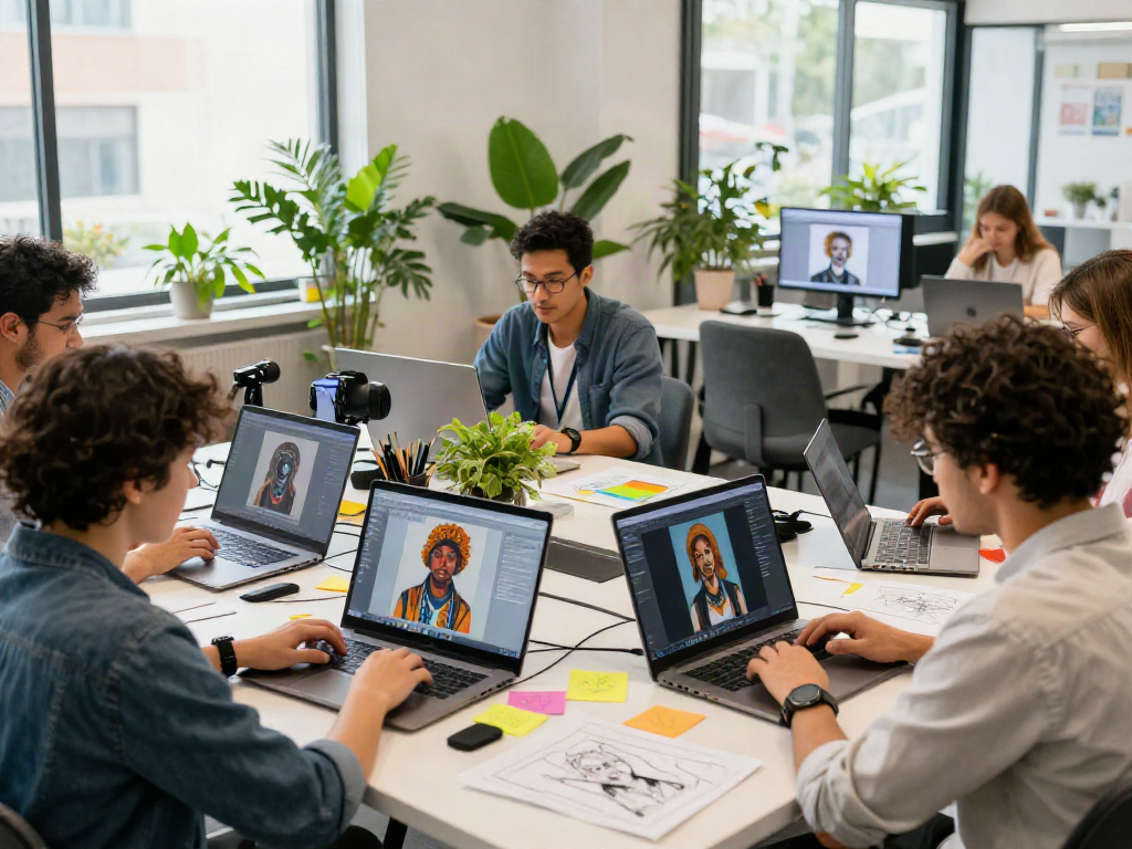 AI NSFW art generation in a collaborative workspace, showcasing diverse individuals using technology creatively.