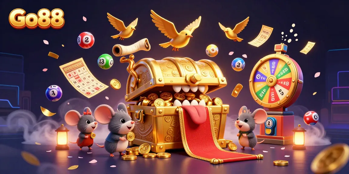 Experience thrilling games at Go88 with vibrant lottery elements and a captivating treasure scene.