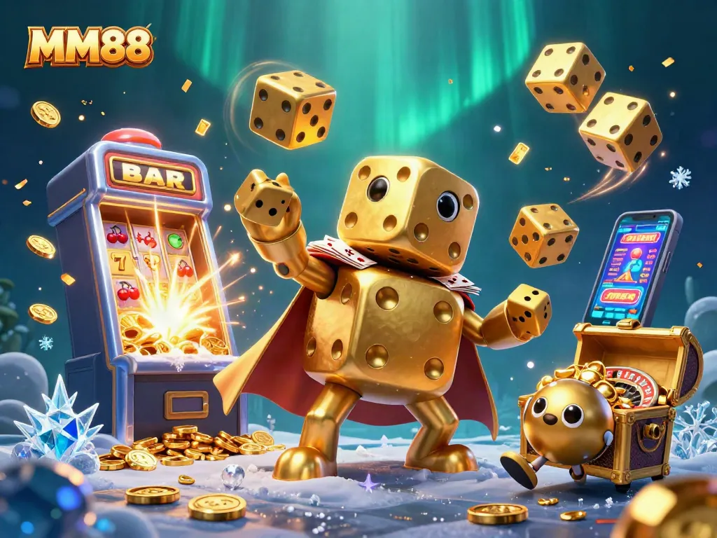 Enhance your MM88 gaming experience with dynamic golden dice and vibrant casino elements.