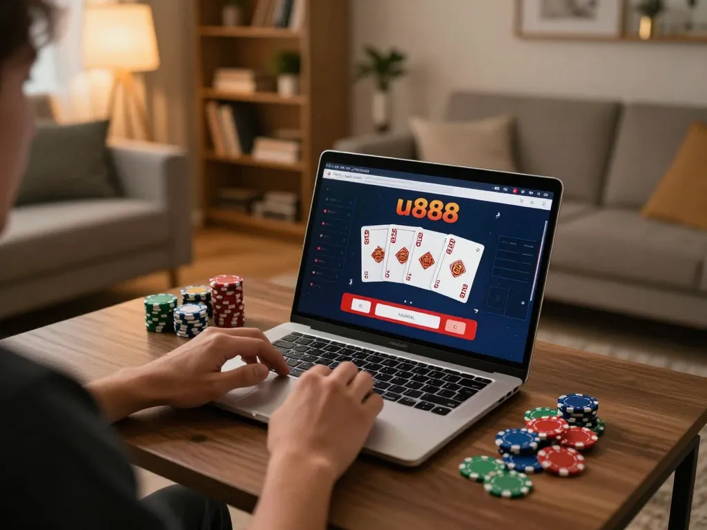 Experience thrilling gameplay at u888 online casino in a cozy home gaming setup with laptop and chips.