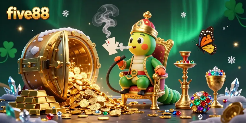 Experience excitement at five88 with a vibrant, dynamic casino-themed 3D illustration featuring a caterpillar hookah-master in a lavish scene.