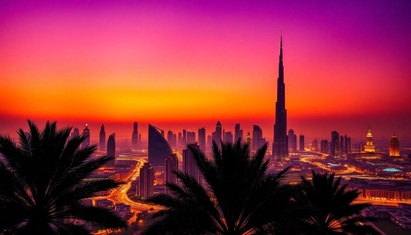 Experience the breathtaking skyline when you travel to Dubai, featuring Burj Khalifa at sunset.
