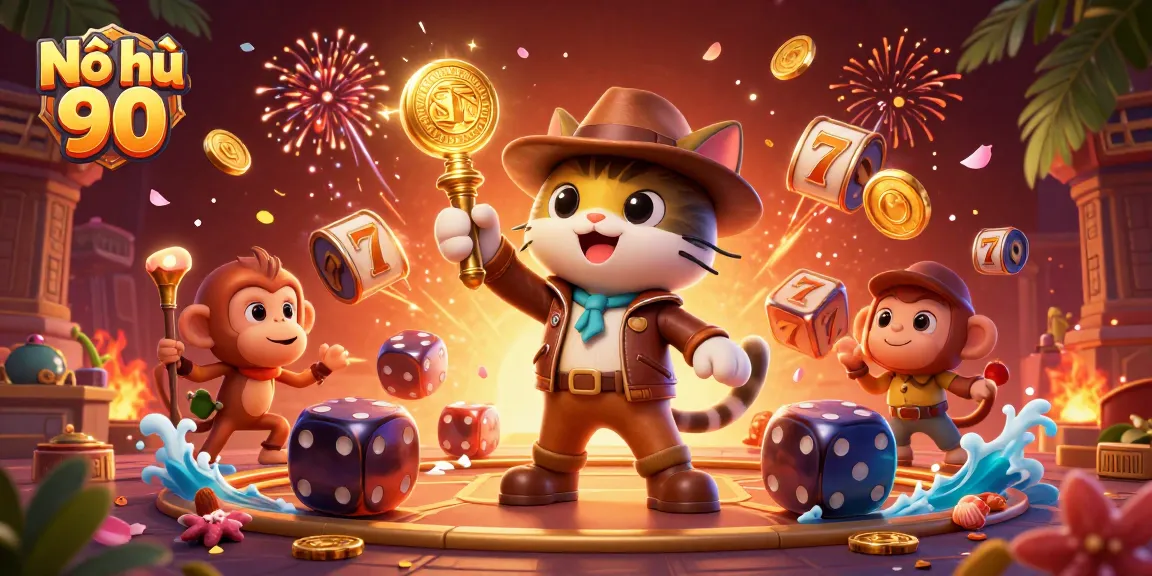 Nổ hũ 90 offers thrilling gaming adventures with exciting slot reels and vibrant gold coins.