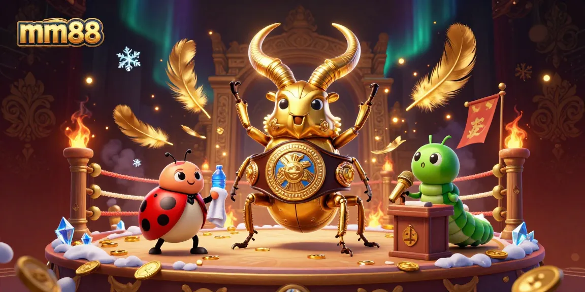 Engage in thrilling betting action at mm88 with a giant golden stag beetle champion facing off amidst golden treasures and dynamic effects.