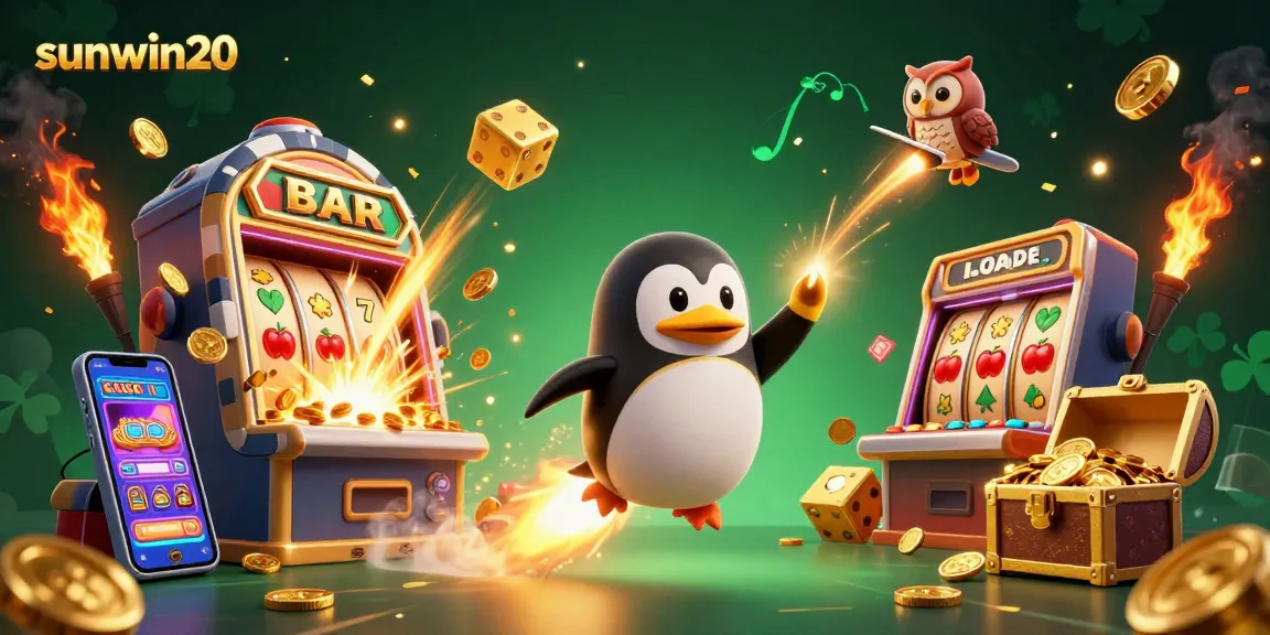 Play at sunwin20 with a dazzling scene of a golden penguin and a jackpot slot machine.