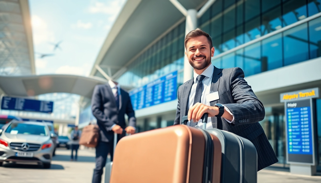 Assist passenger with luggage at Heathrow Airport, capturing a vibrant travel atmosphere.