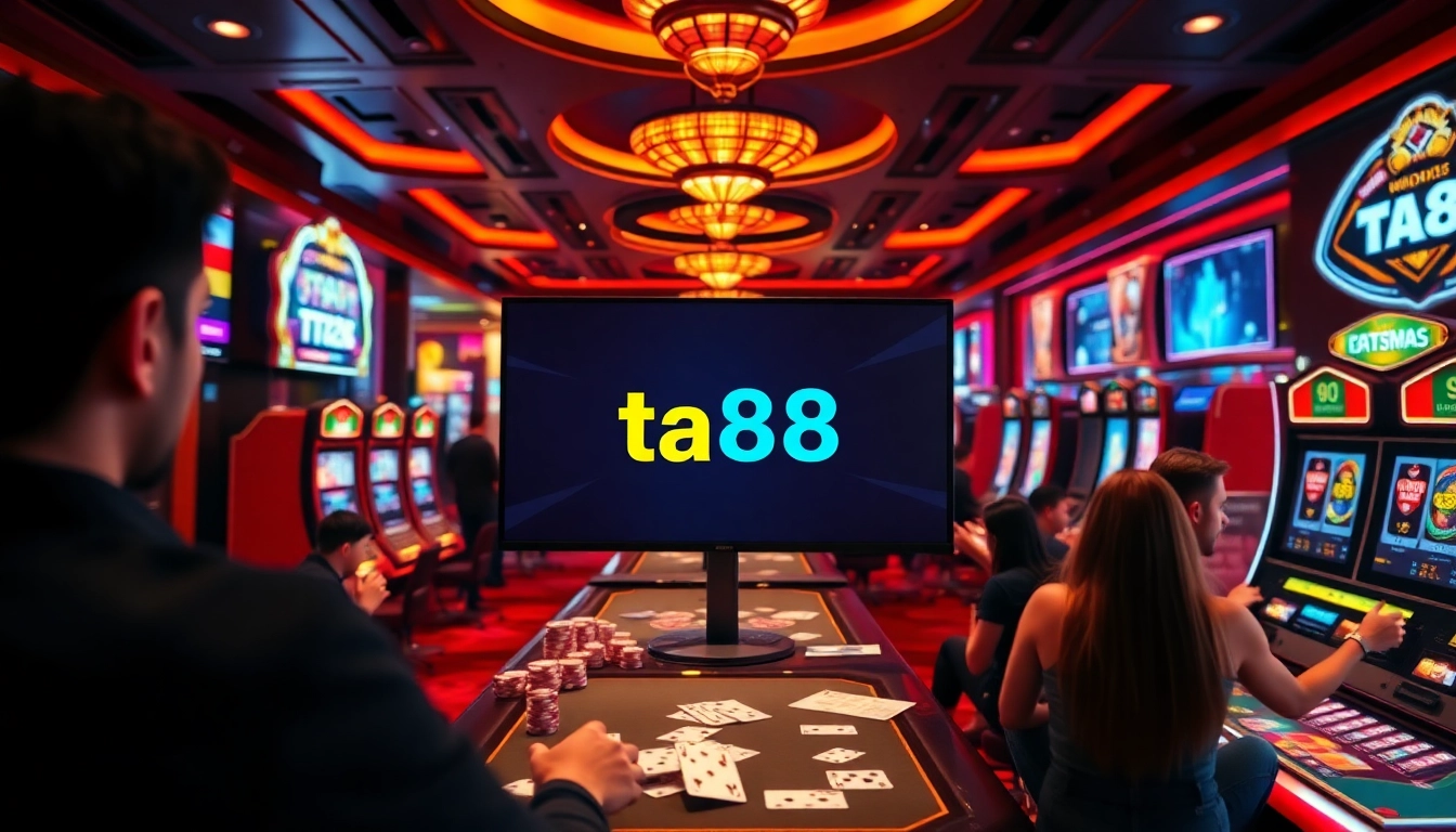 Experience the excitement of ta88 casino gaming with vibrant tables, slot machines, and players winning big.