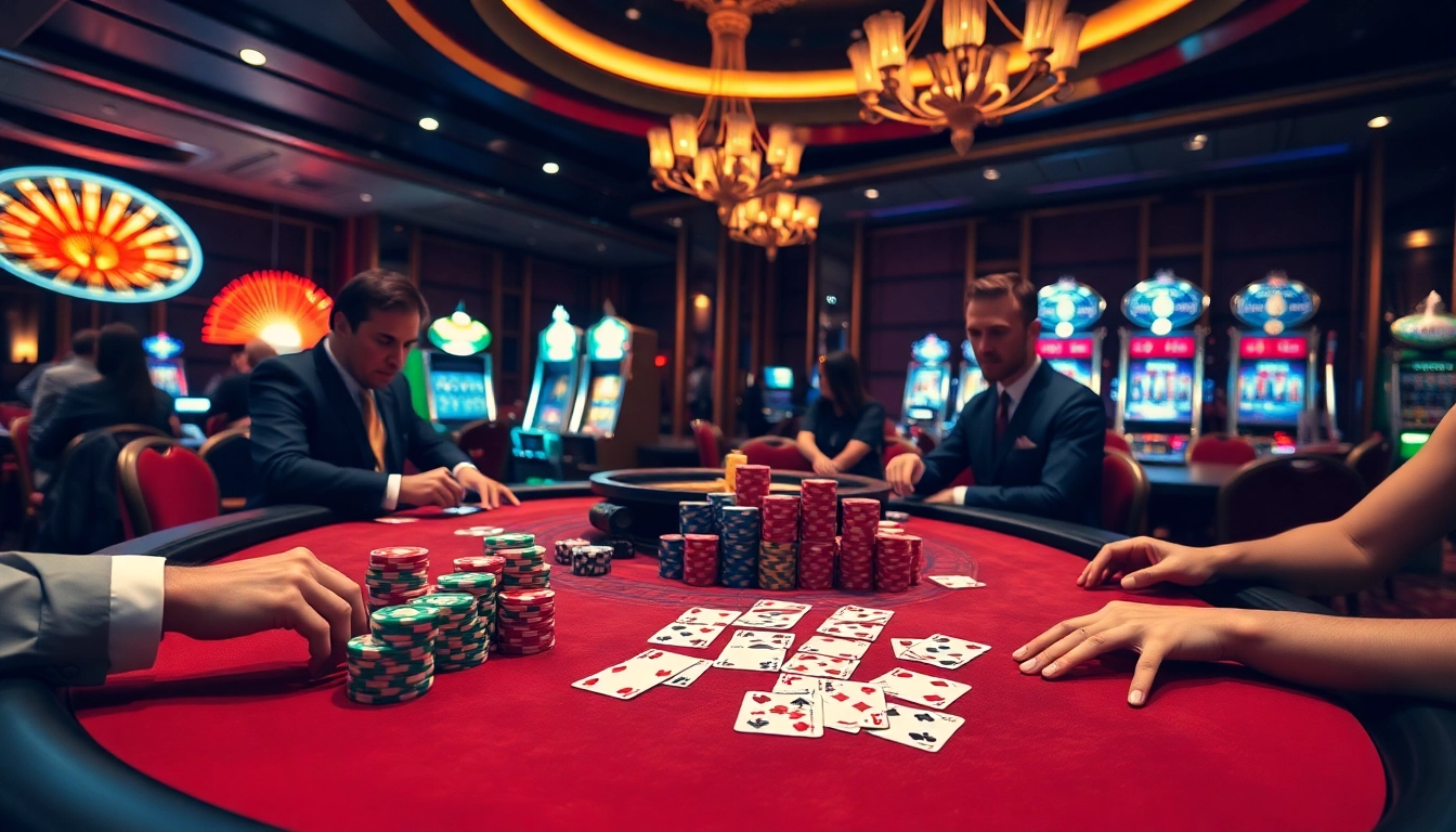Engaged players enjoying a thrilling game at the rikvip casino table with vibrant chips and cards.