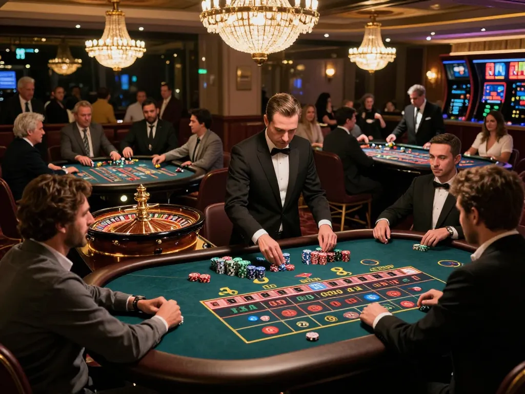 RR88 players placing bets at roulette tables in a vibrant casino atmosphere.