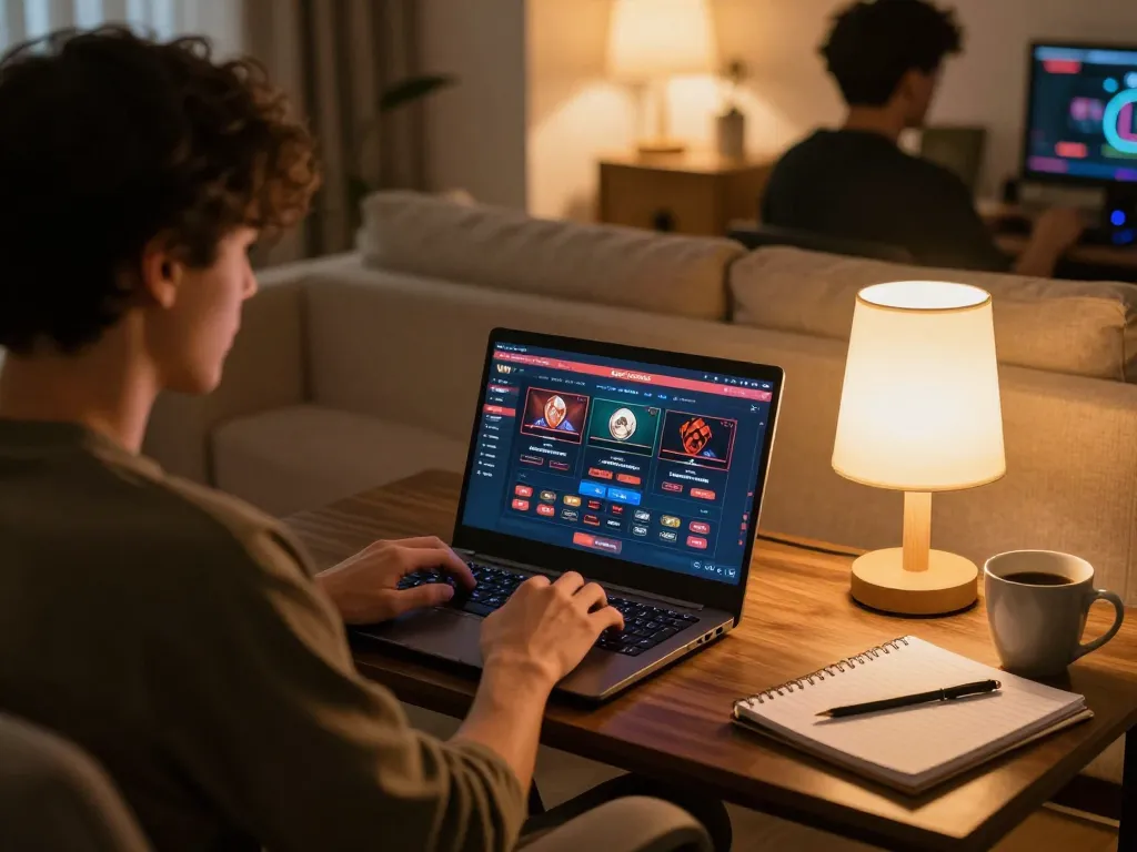 Engaging online gaming session at Kwin com, with a player focused on the casino interface from a cozy living room