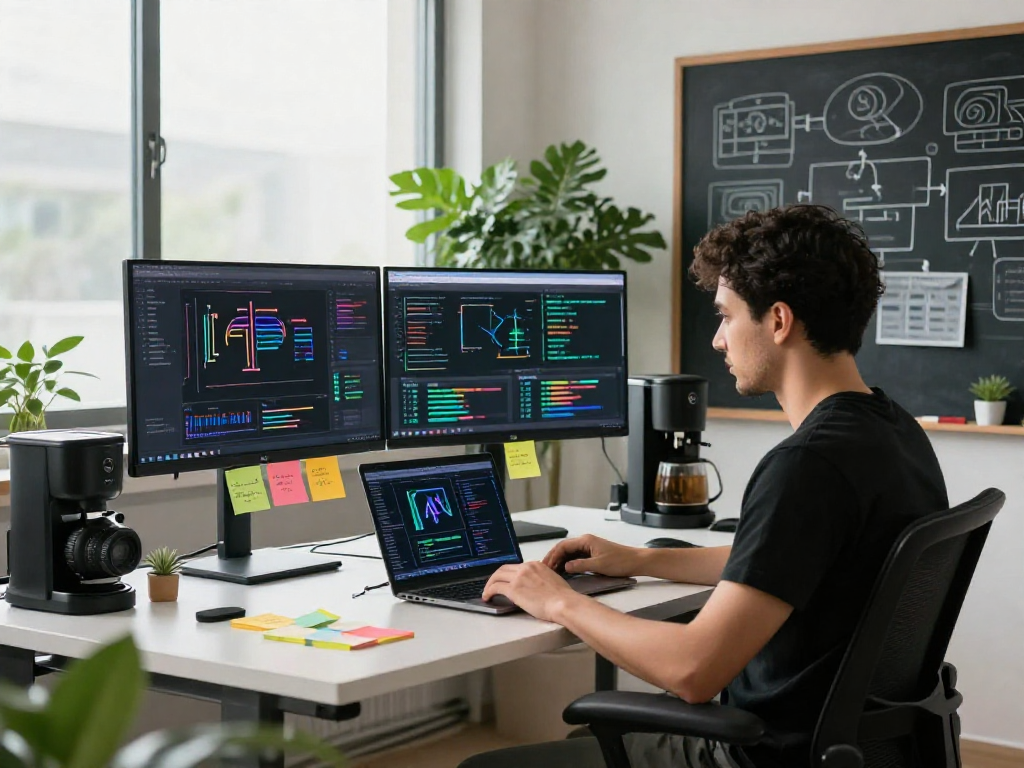 Creative workspace showcasing juicy ai development, featuring dual monitors and innovative tech elements.