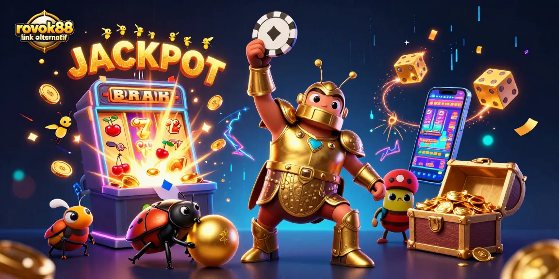 Experience the thrill of rokok88 link alternatif with a victorious beetle amidst jackpot symbols and casino excitement.