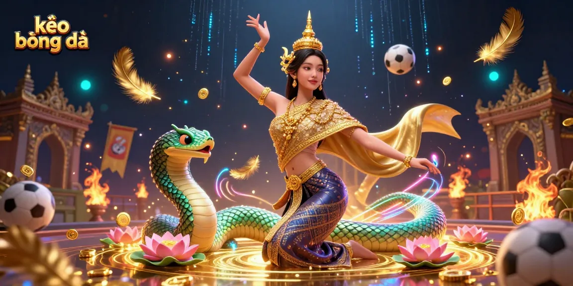 Discover kèo bóng đá with a lively scene showcasing an Asian woman in traditional attire, a Naga serpent, and dynamic sports betting elements.